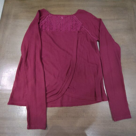 Lucky Brand Shirt Womens XL Boho Thermal Waffle Knit Lace Back Tulip Hem Red - Picture 4 of 10